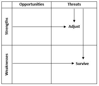Strength or Weakness meets Threat - Adjust or Survive Strategy - SWOT Analysis
